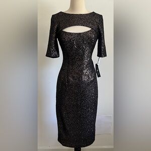NWT Betsy & Adam Black Sequin Cutout Midi Dress | Size 6 |Cocktail Dress
